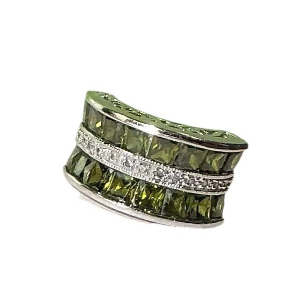 Park Lane Ring Olive Green Silver Tone Faceted Pave CZs Cocktail Statement SZ 7 - Picture 3 of 14